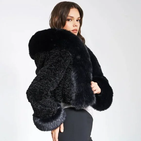 💋CHIC & SEXY💋Lux Black Vegan Shearling Lamb & Fox Fur Hoodded Crop Jacket - Picture 6 of 16